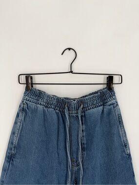 Cos Ultra Wide Leg Fluid Drawstring Denim Long Trousers In Washed Blue